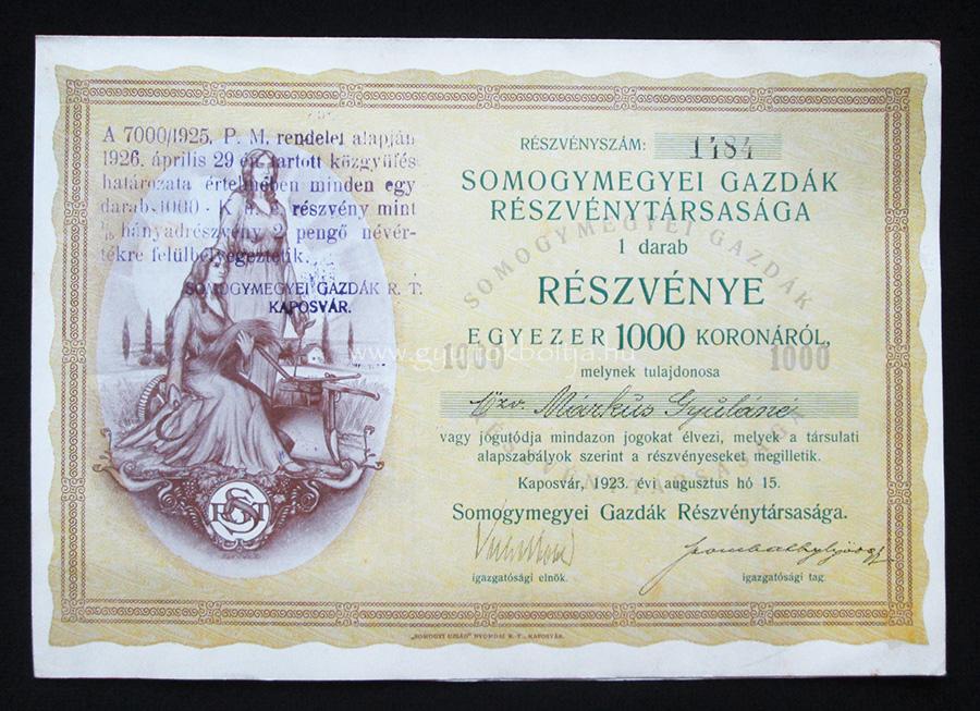 Somogymegyei Gazd�k R�szv�nyt�rsas�ga r�szv�ny 1000 korona 1923 Kaposv�r